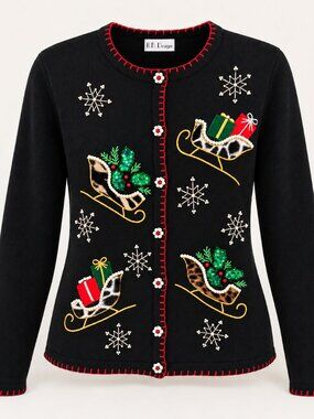 Vintage B.P. Design Black Christmas Cardigan Beaded Sequin Santa Sleigh Sweater